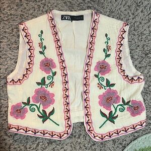 Zara White Vest with Pink and Green Embroidery